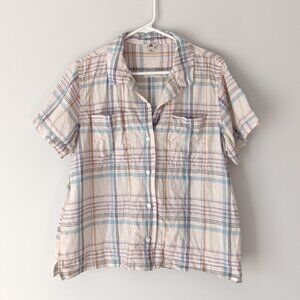 L.L.Bean 100% Linen Plaid Short Sleeve Button Down Top White Blue Purple Large
